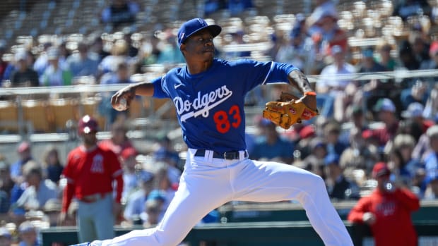 Feb 26, 2020; Phoenix, Arizona, USA; Los Angeles Dodgers pitcher Josiah Gray pitches against the Los Angeles Angels during the first inning of a spring training game at Camelback Ranch. Mandatory Credit: Joe Camporeale-USA TODAY Sports